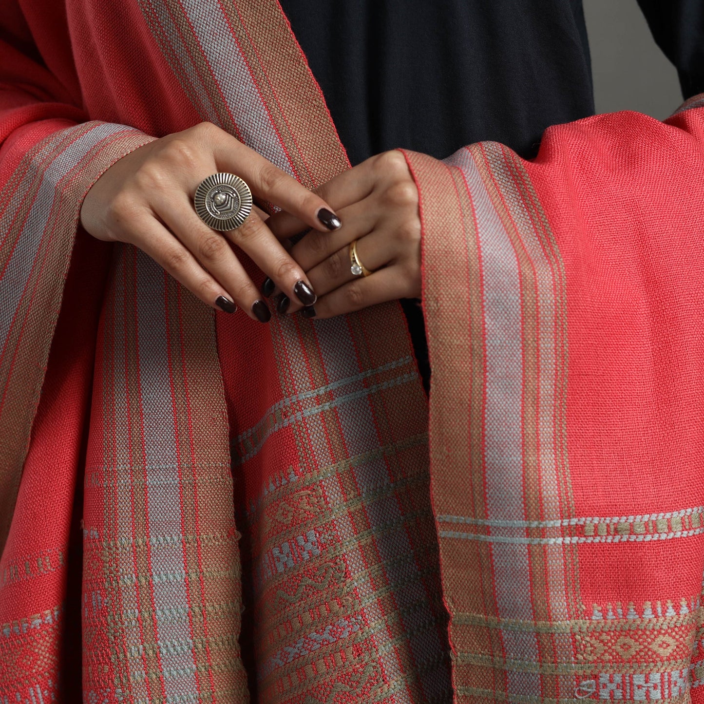 Red Kutch Handwoven Mirror Work Woollen Shawl