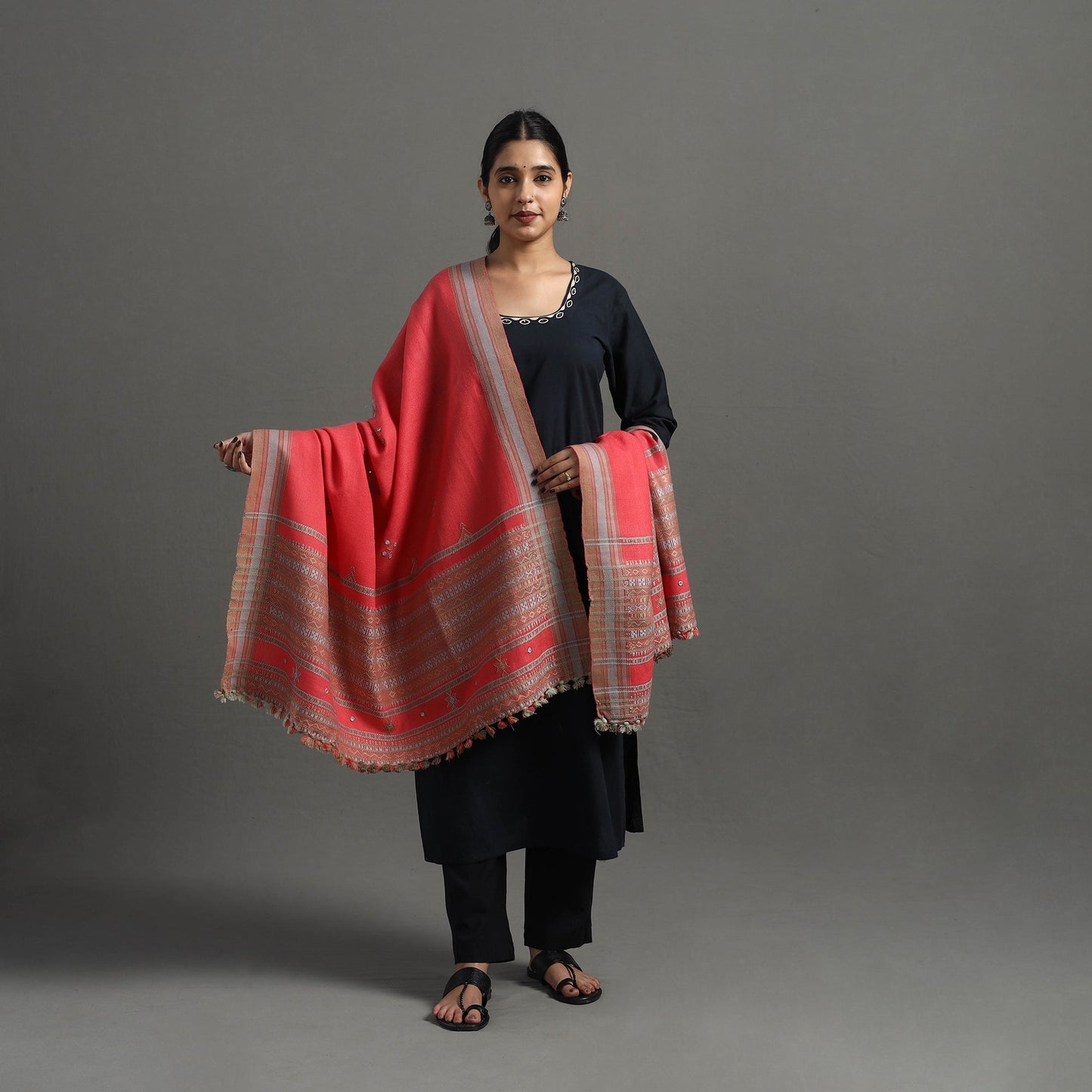 Red Kutch Handwoven Mirror Work Woollen Shawl
