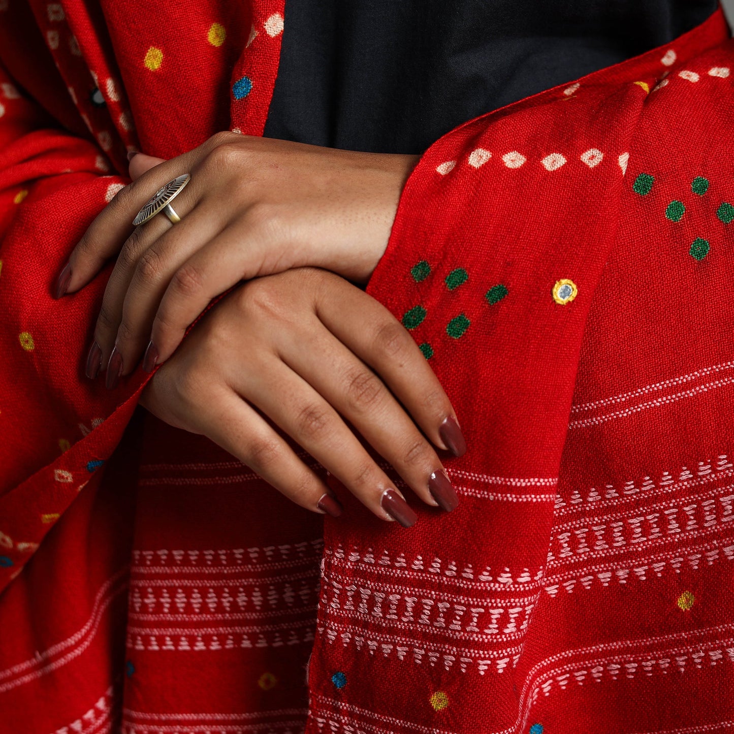 Red Handwoven Bandhani Woolen Shawl for Women