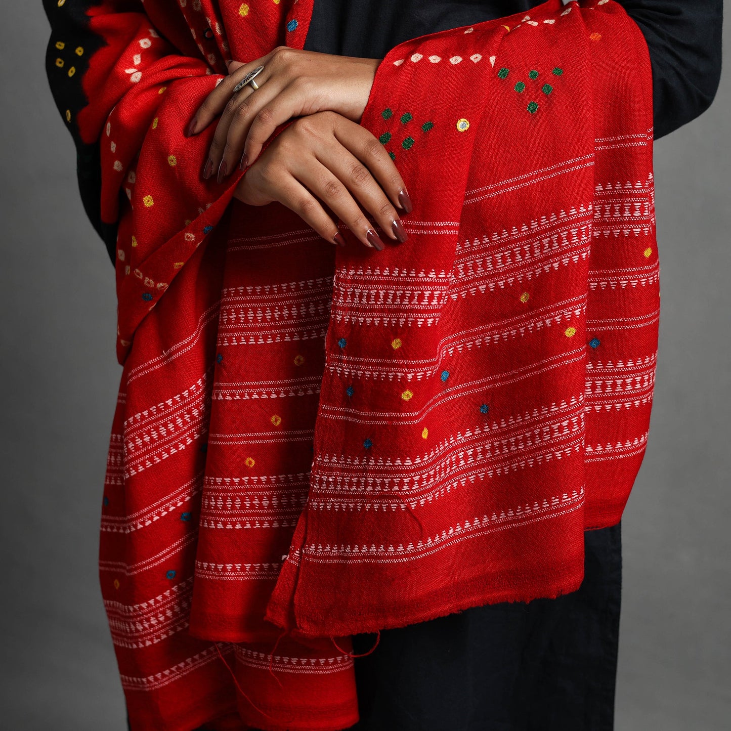 Red Handwoven Bandhani Woolen Shawl for Women