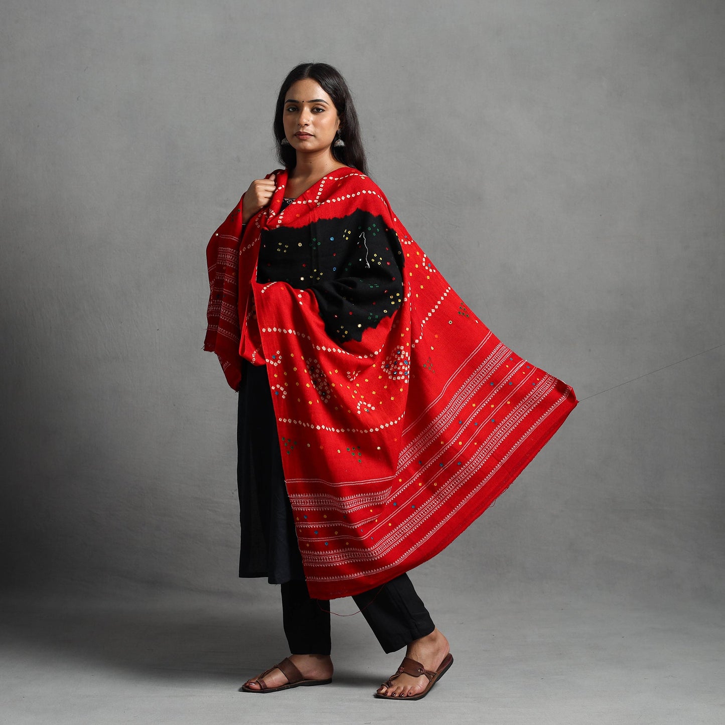 Red Handwoven Bandhani Woolen Shawl for Women