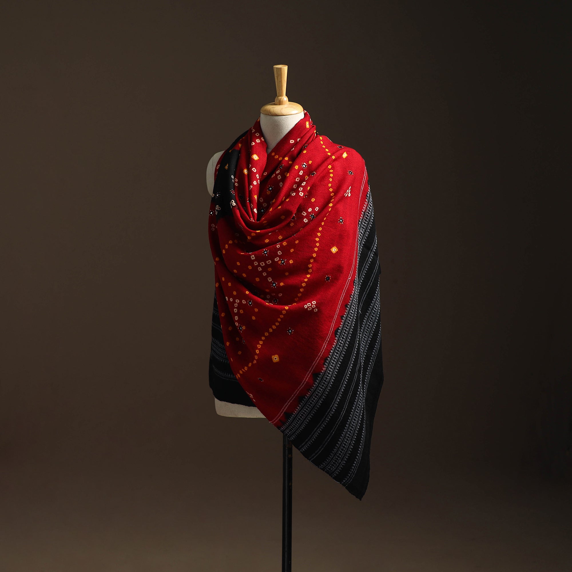 Red - Kutch Handwoven Merino Wool Bandhani Tie-Dye Shawl 140