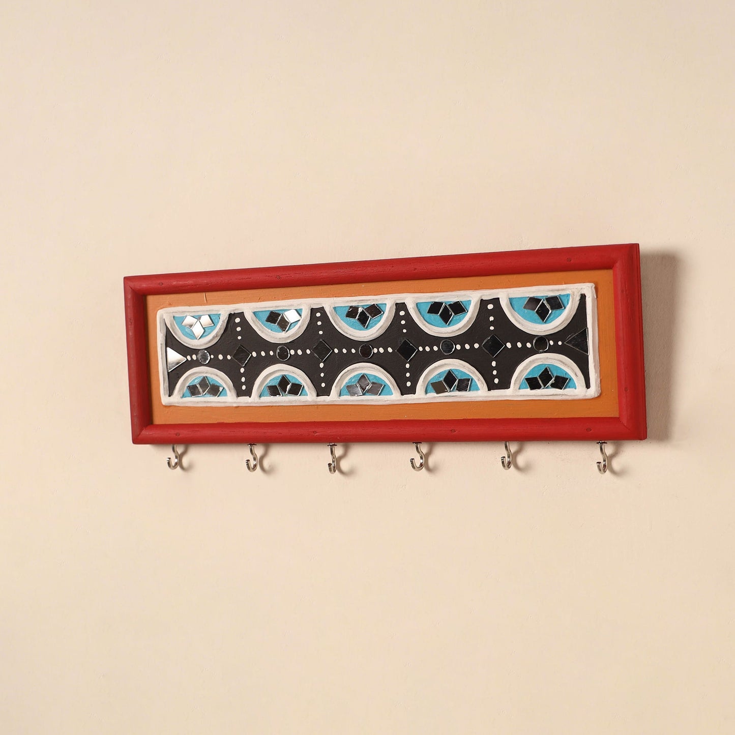 Kutch mud mirror work lippan art key holder (4 x 12 in) 21