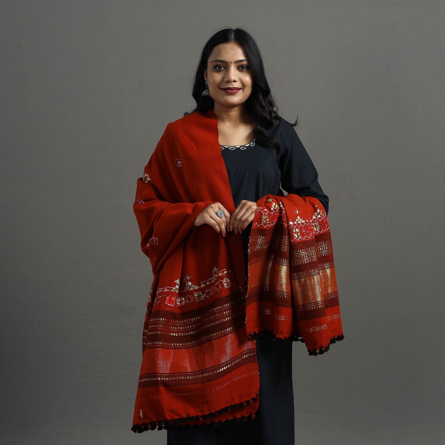 Red Kutch Neran Hand Embroidery Mirror Work Woollen Shawl