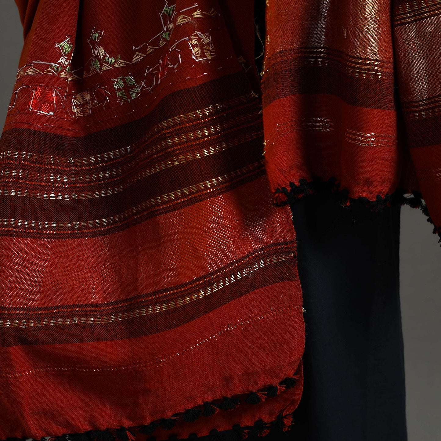 Red Kutch Neran Hand Embroidery Mirror Work Woollen Shawl