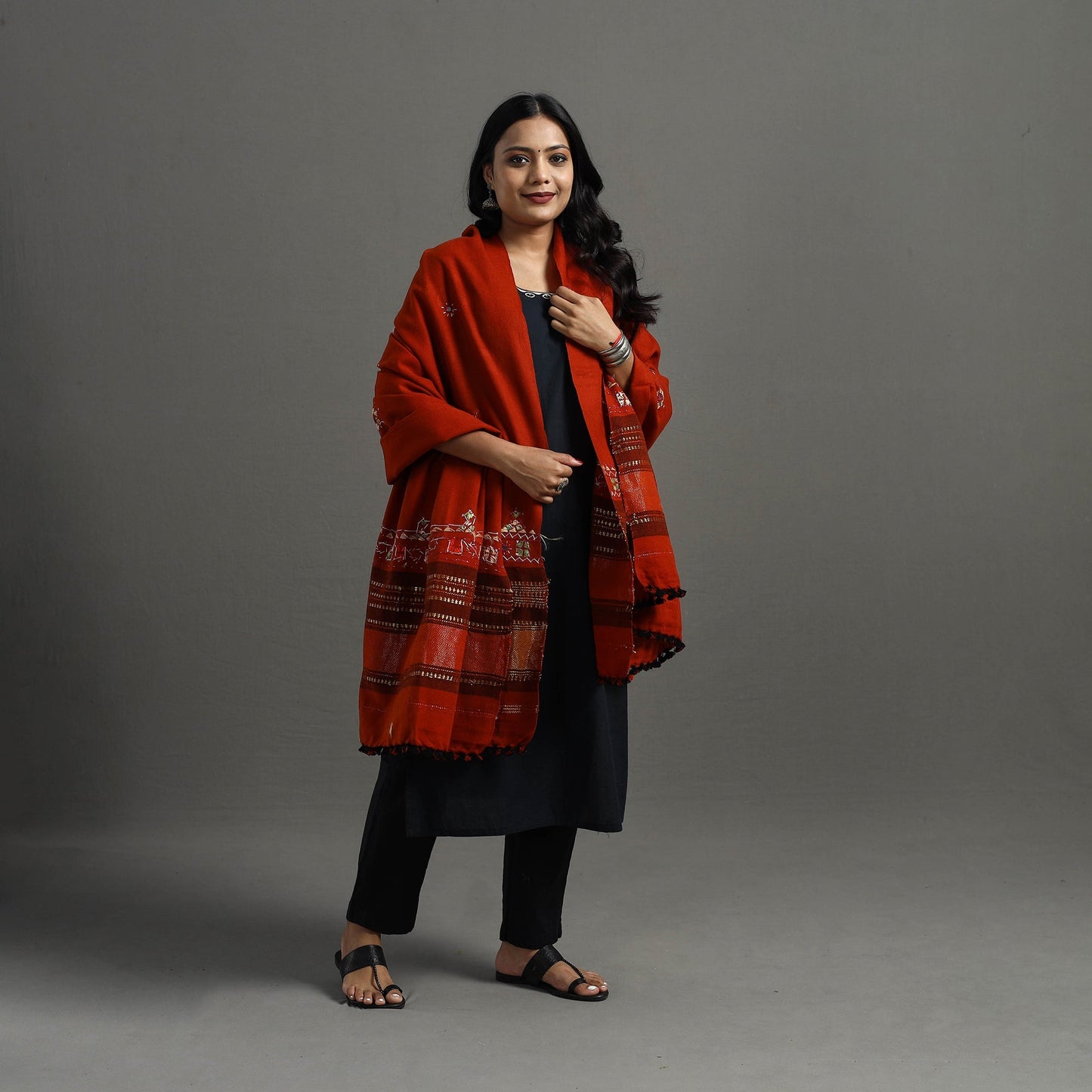 Red Kutch Neran Hand Embroidery Mirror Work Woollen Shawl