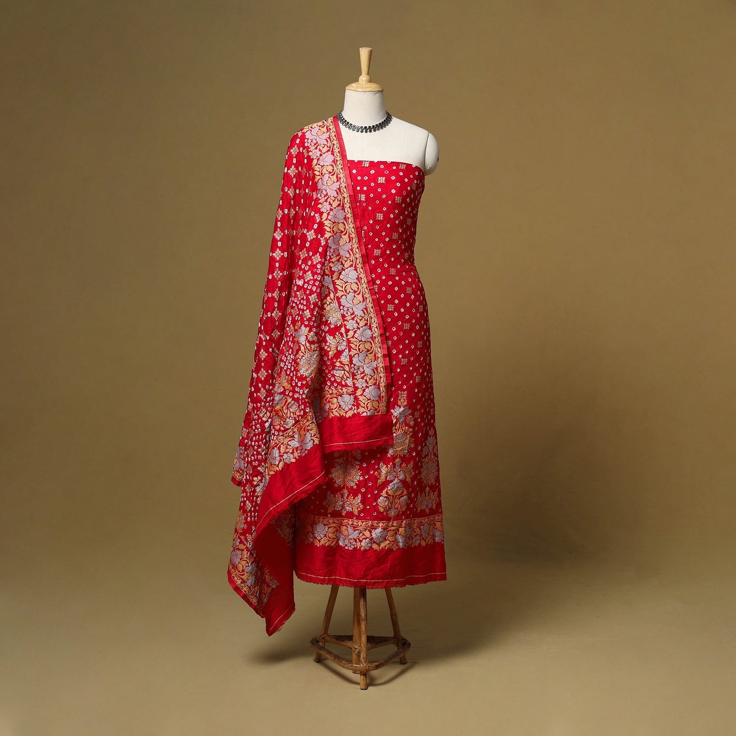 Kutch tie-dye bandhani dupion silk zari work 3pc unstitched