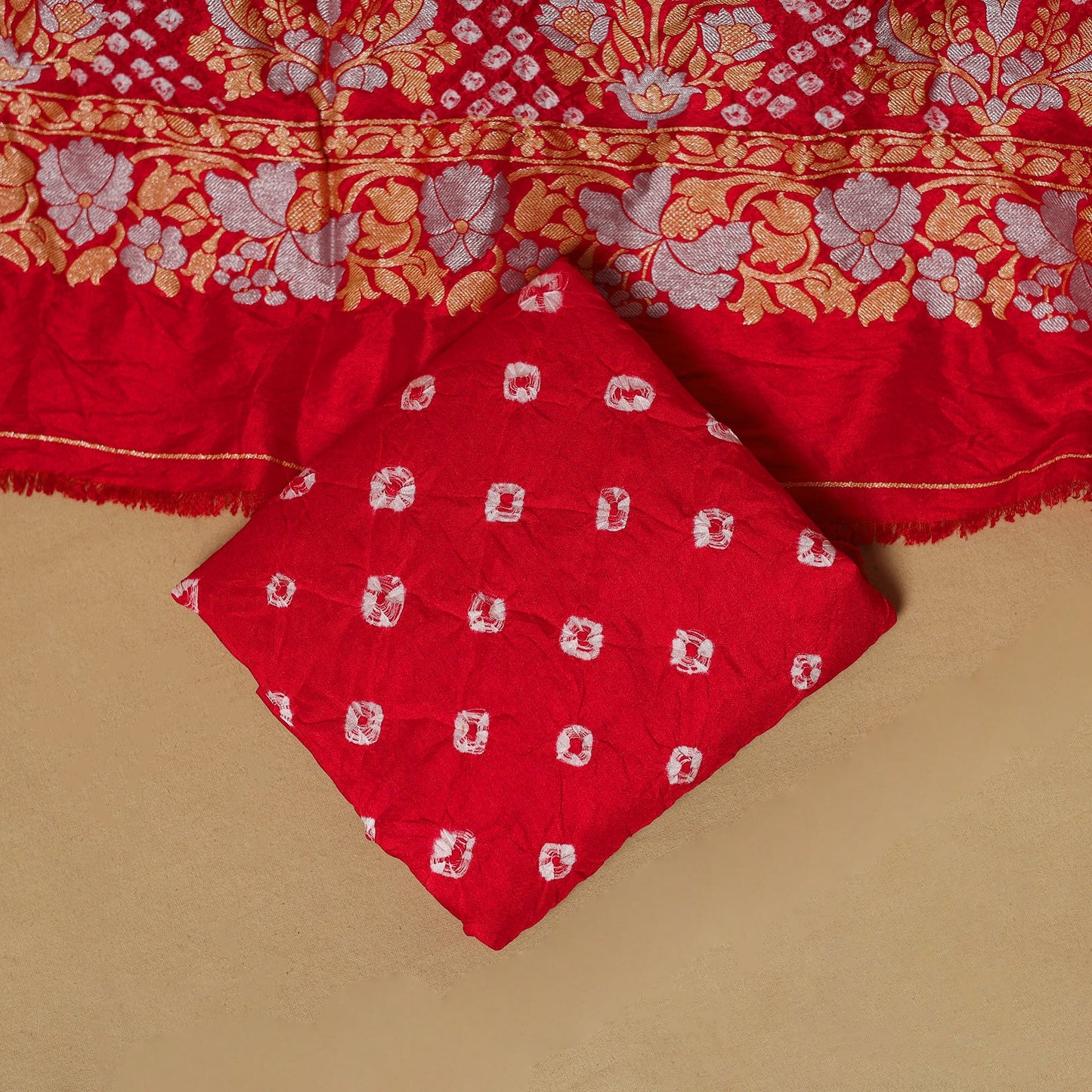 Kutch tie-dye bandhani dupion silk zari work 3pc unstitched