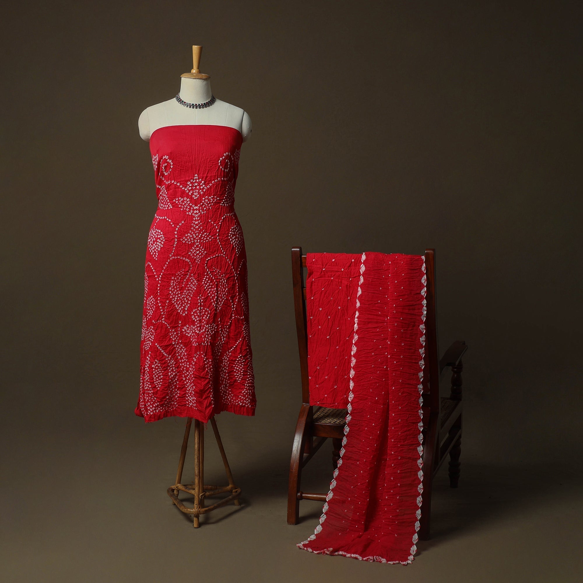 Red Kutch Tie-Dye Satin Cotton Bandhani 3pc Unstitched Dress Material Suit Set