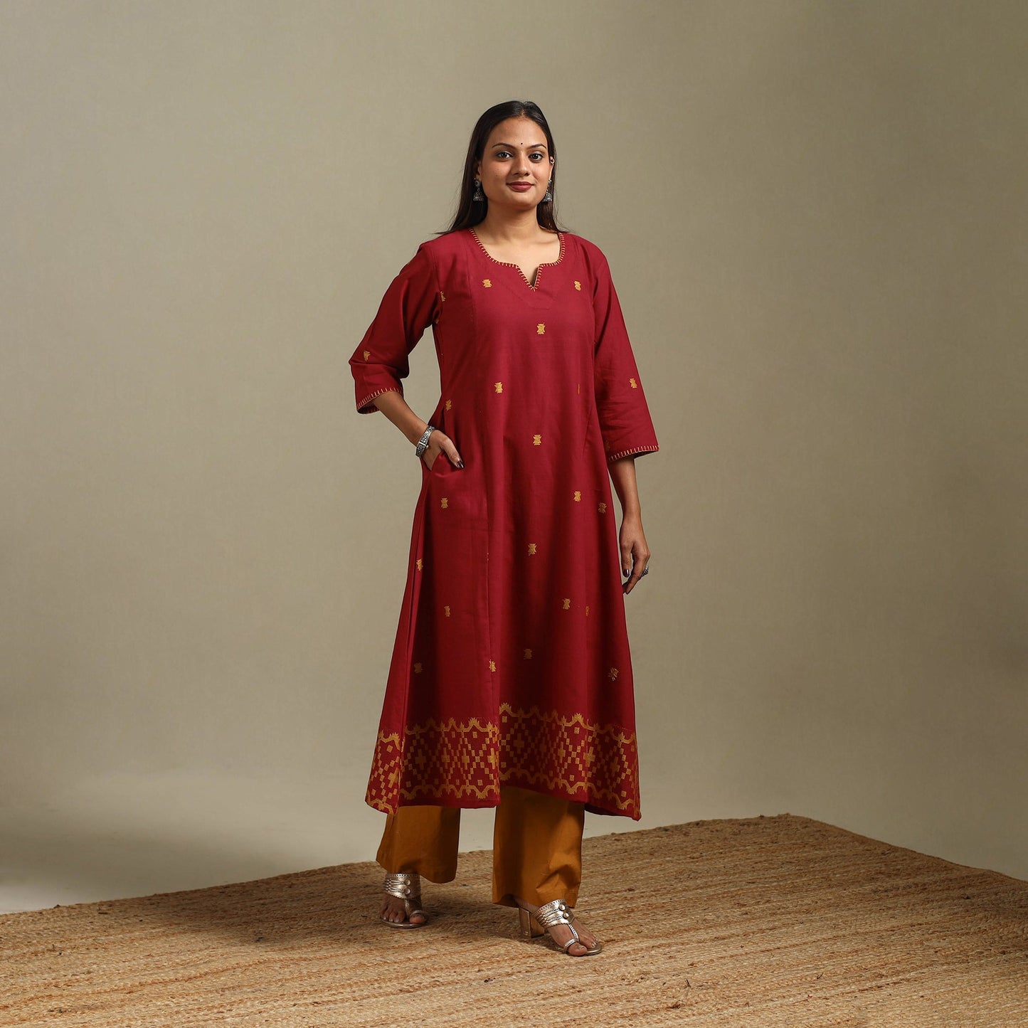 A-line cotton hand embroidered jamdani border thread buti