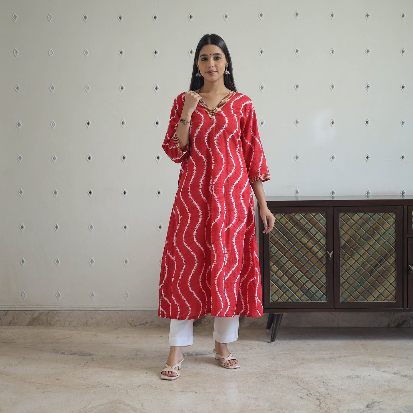 Red A-Line Tie & Dye Cotton Shibori Kurta for Women