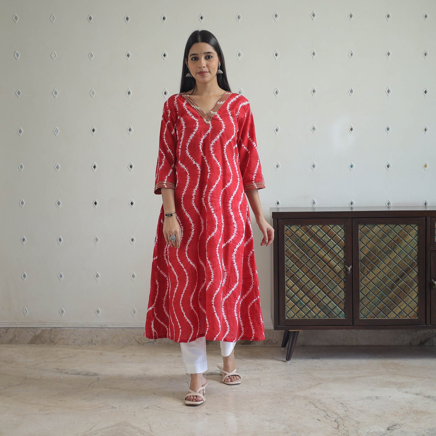 Red A-Line Tie & Dye Cotton Shibori Kurta for Women