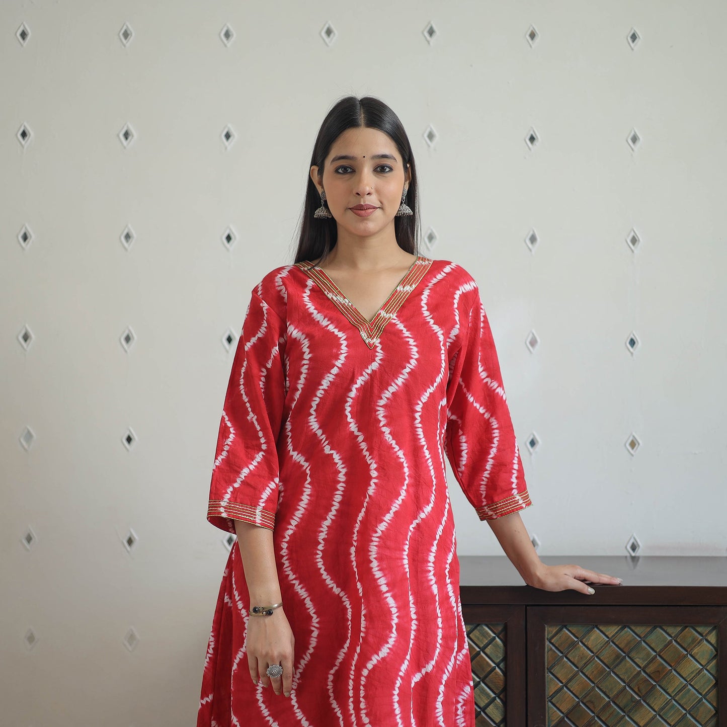 Red A-Line Tie & Dye Cotton Shibori Kurta for Women