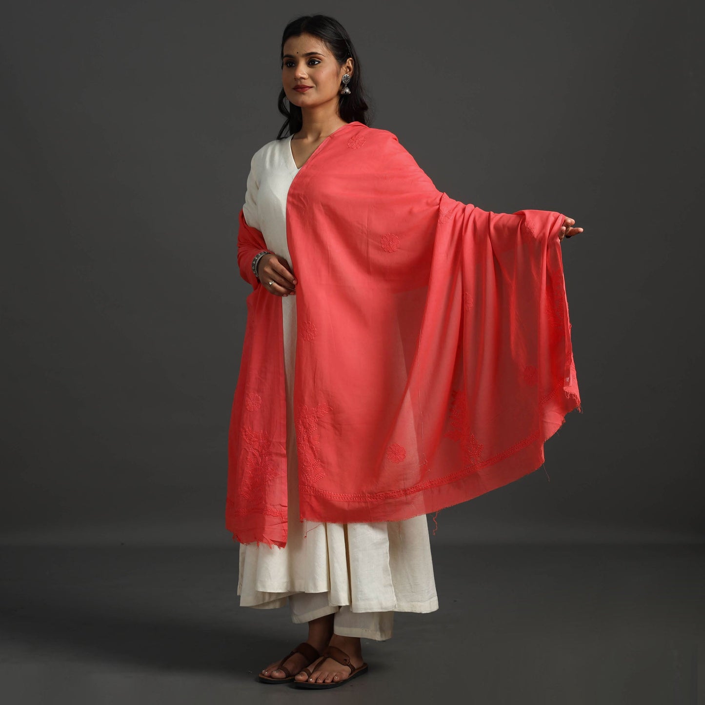 Red - lucknow chikankari hand embroidery cotton dupatta 35