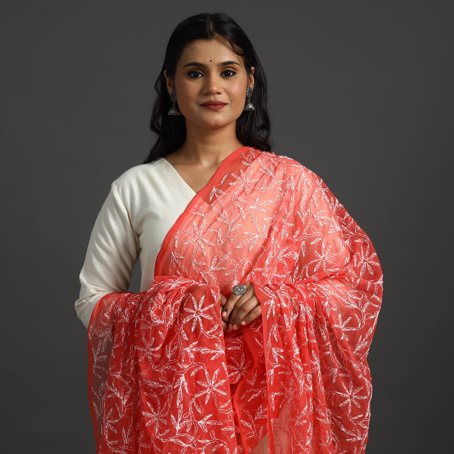Red - lucknow chikankari tepchi embroidery georgette