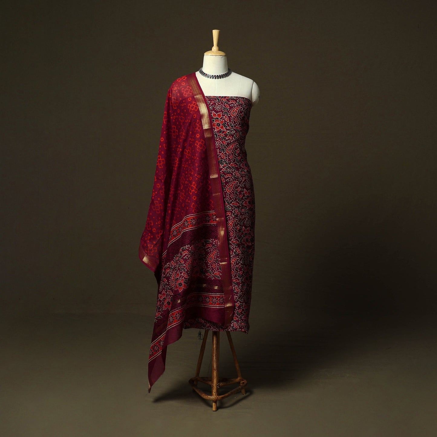 Maheshwari silk hand block ajrakh print 3pc unstitched