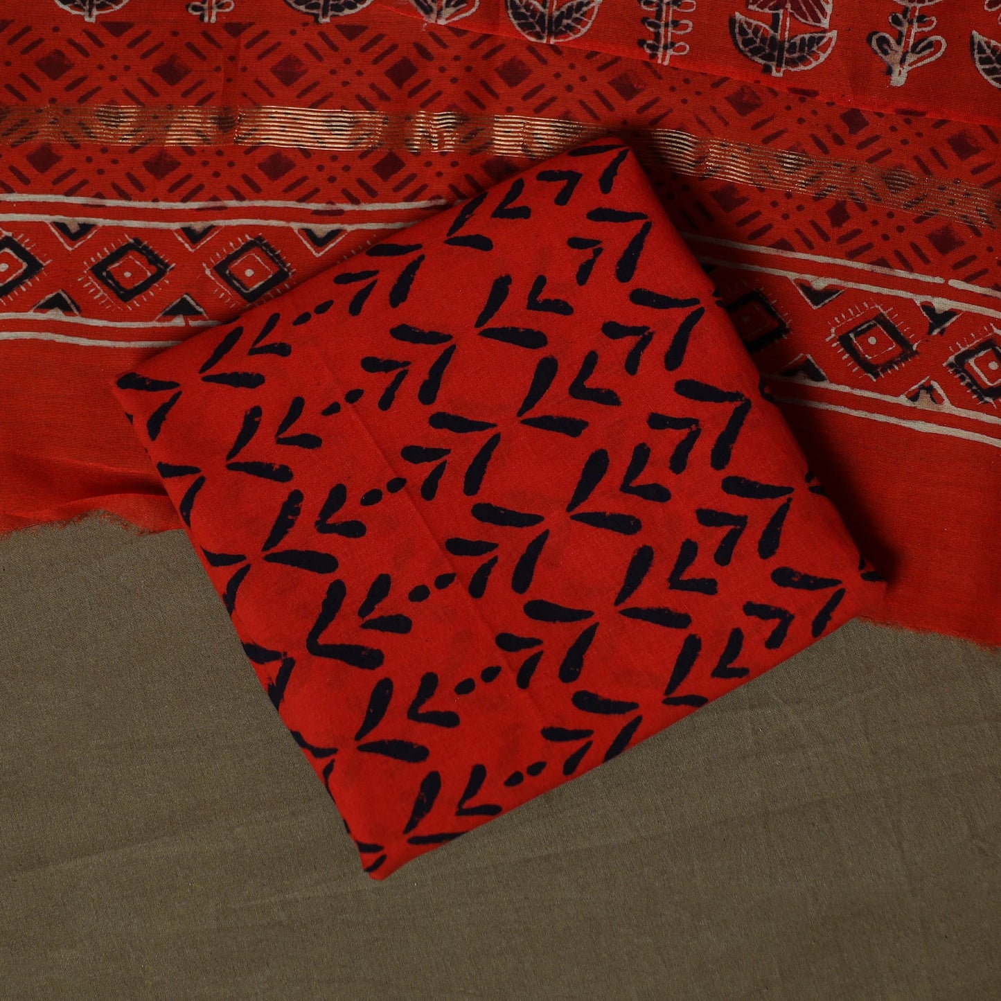 Maheshwari silk hand block ajrakh print 3pc unstitched