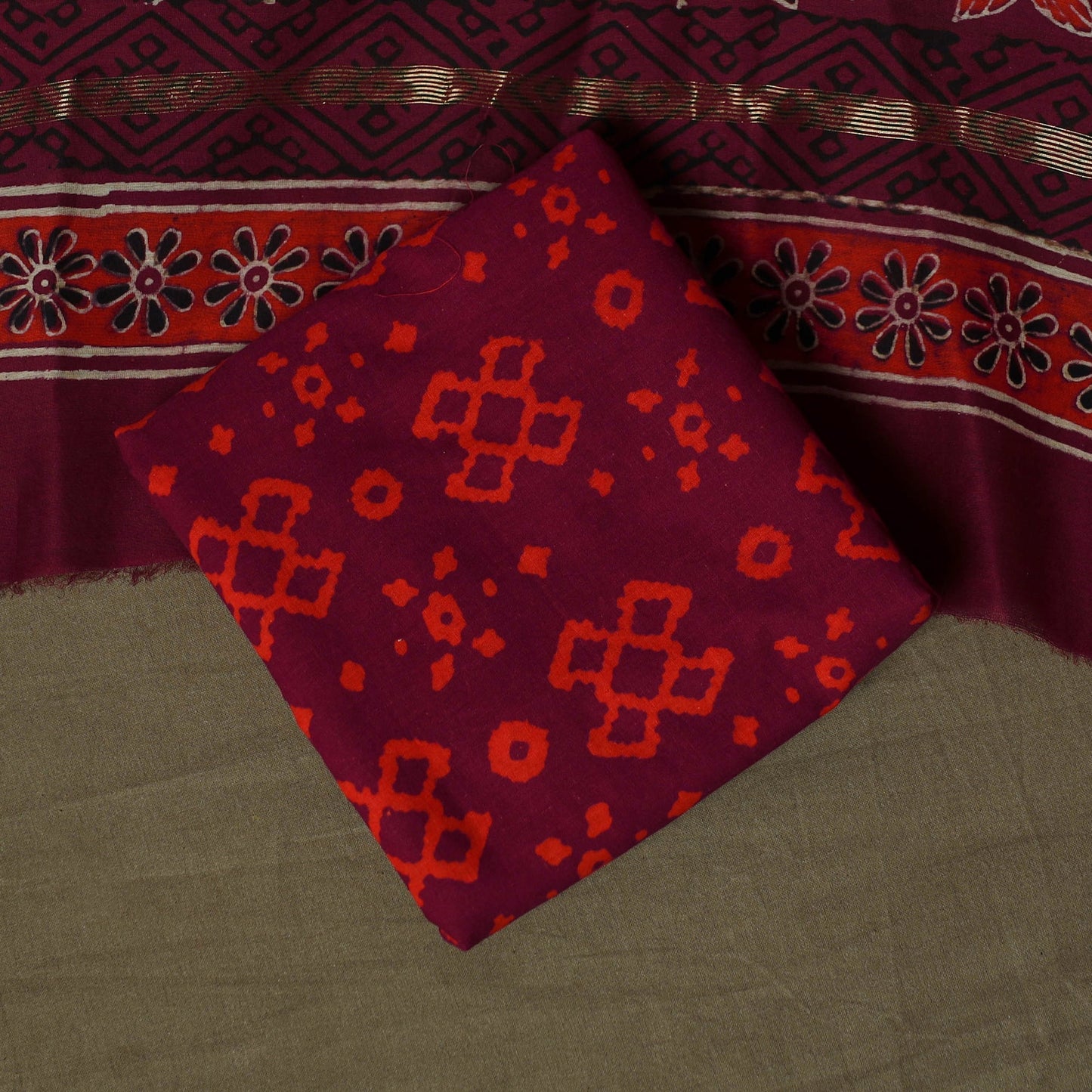 Maheshwari silk hand block ajrakh print 3pc unstitched