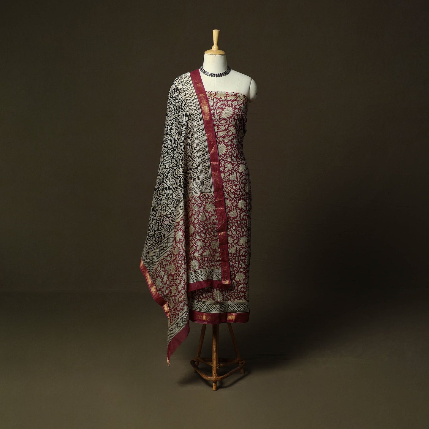 Maheshwari silk hand block bagru print 3pc unstitched dress