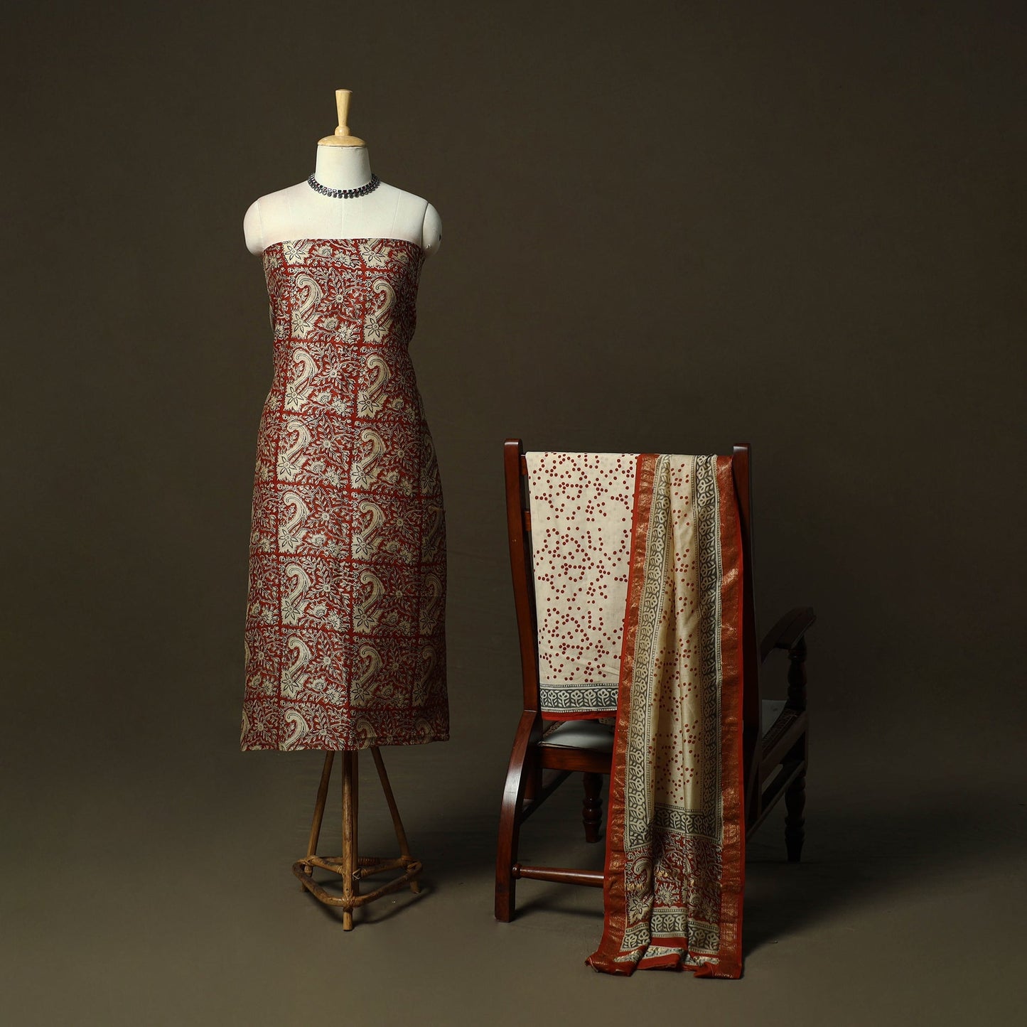 Maheshwari silk hand block bagru print 3pc unstitched dress