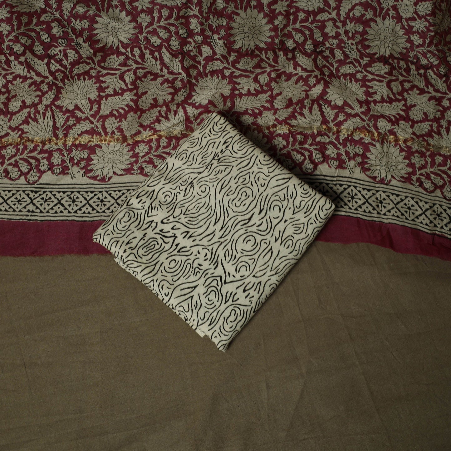 Maheshwari silk hand block bagru print 3pc unstitched dress