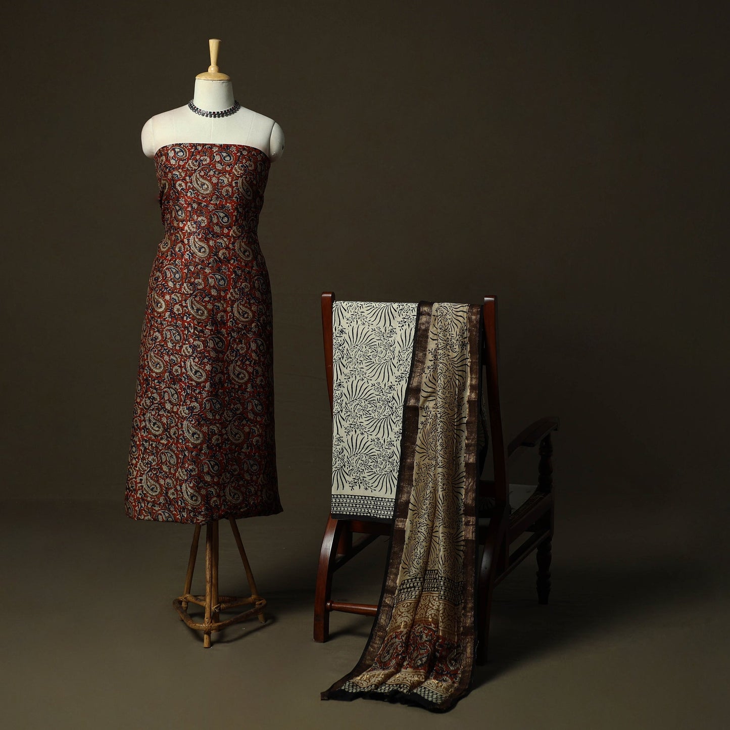 Maheshwari silk hand block bagru print 3pc unstitched dress