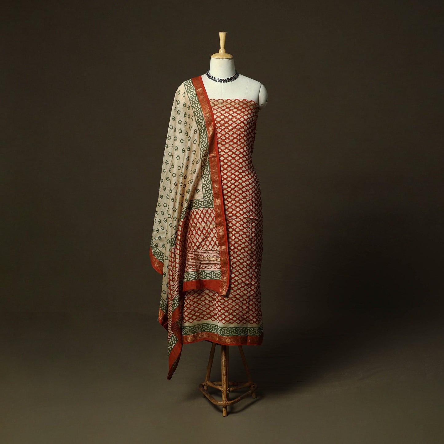 Maheshwari silk hand block bagru print 3pc unstitched dress