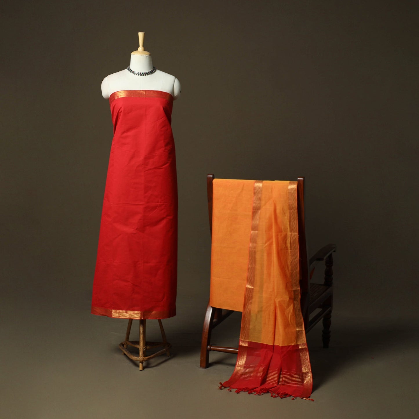 Mangalagiri cotton 3pc unstitched dress material with zari