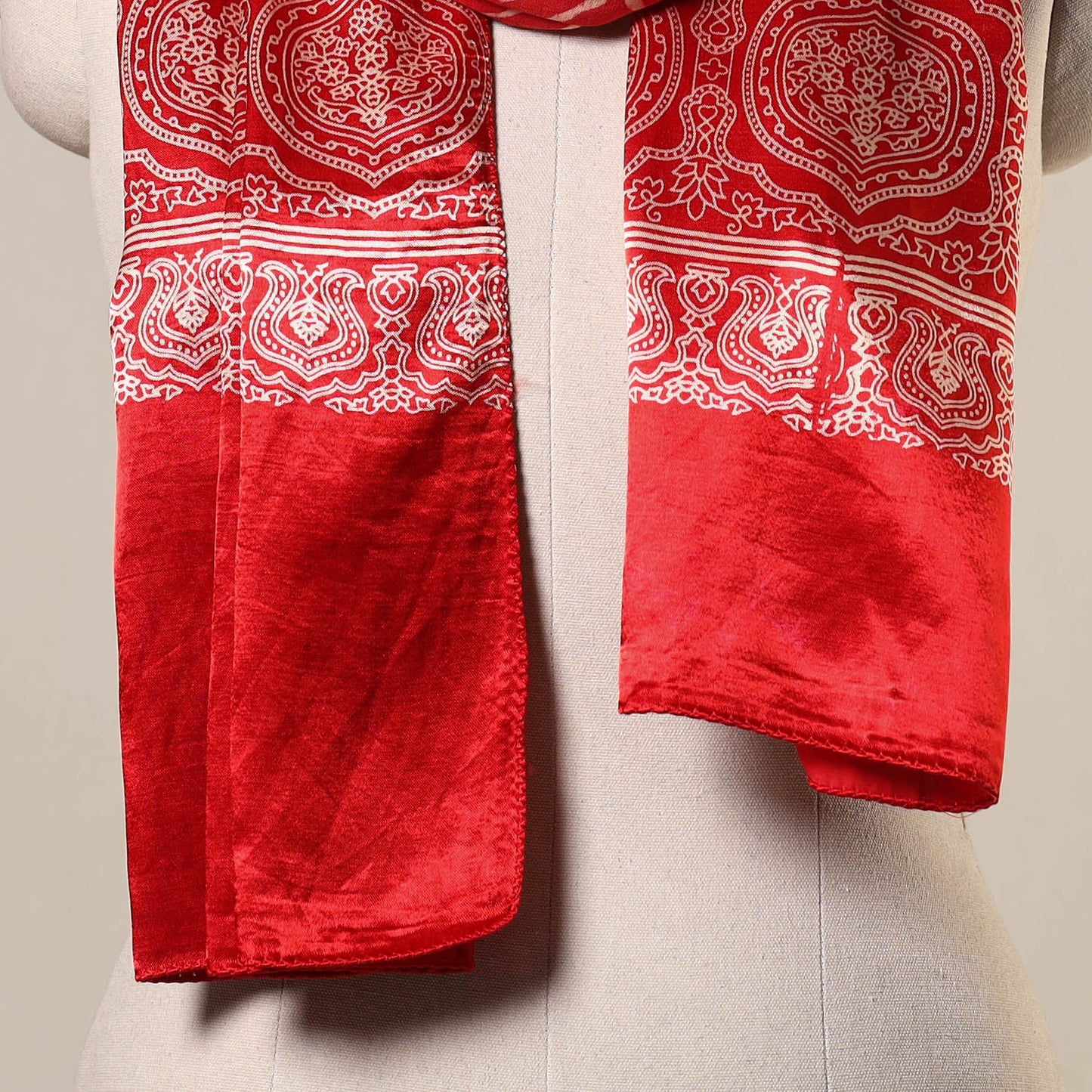 Red - mashru silk printed stole 43 - handcrafted