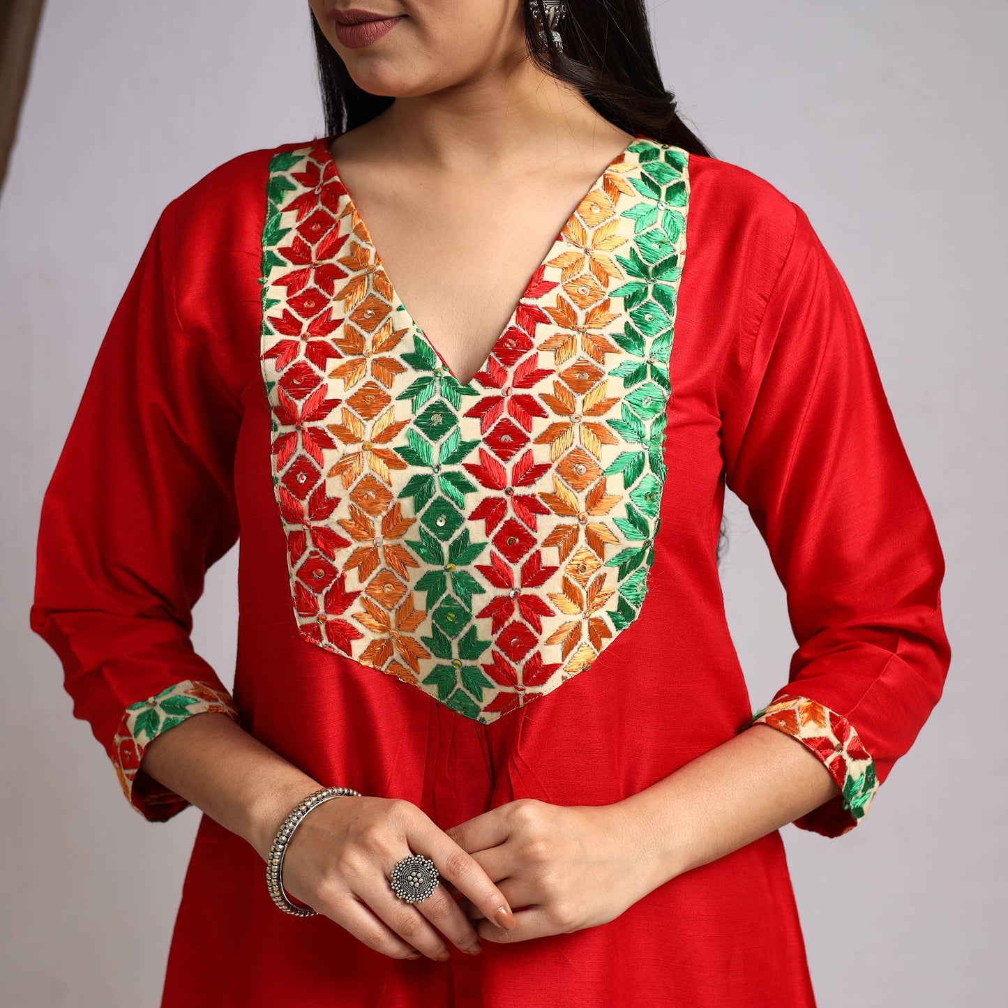 Red Mehfil Mosaic Slub Silk A-Line Plain Kurta for Women
