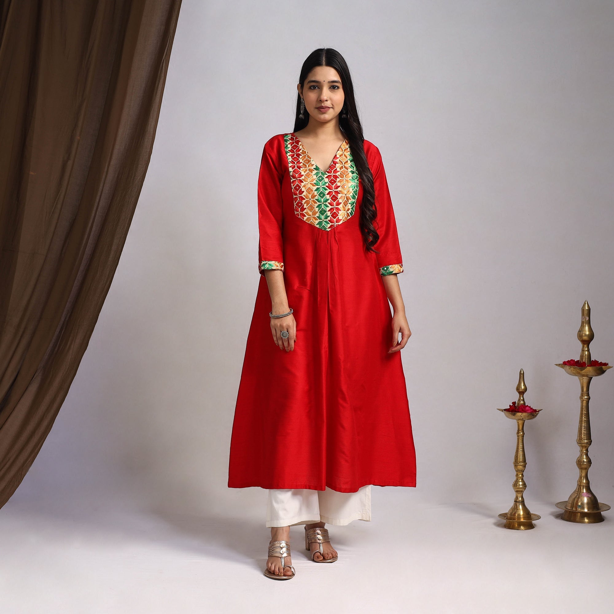 Red - Mehfil Mosaic Slub Silk A-Line Plain Long Kurta 07