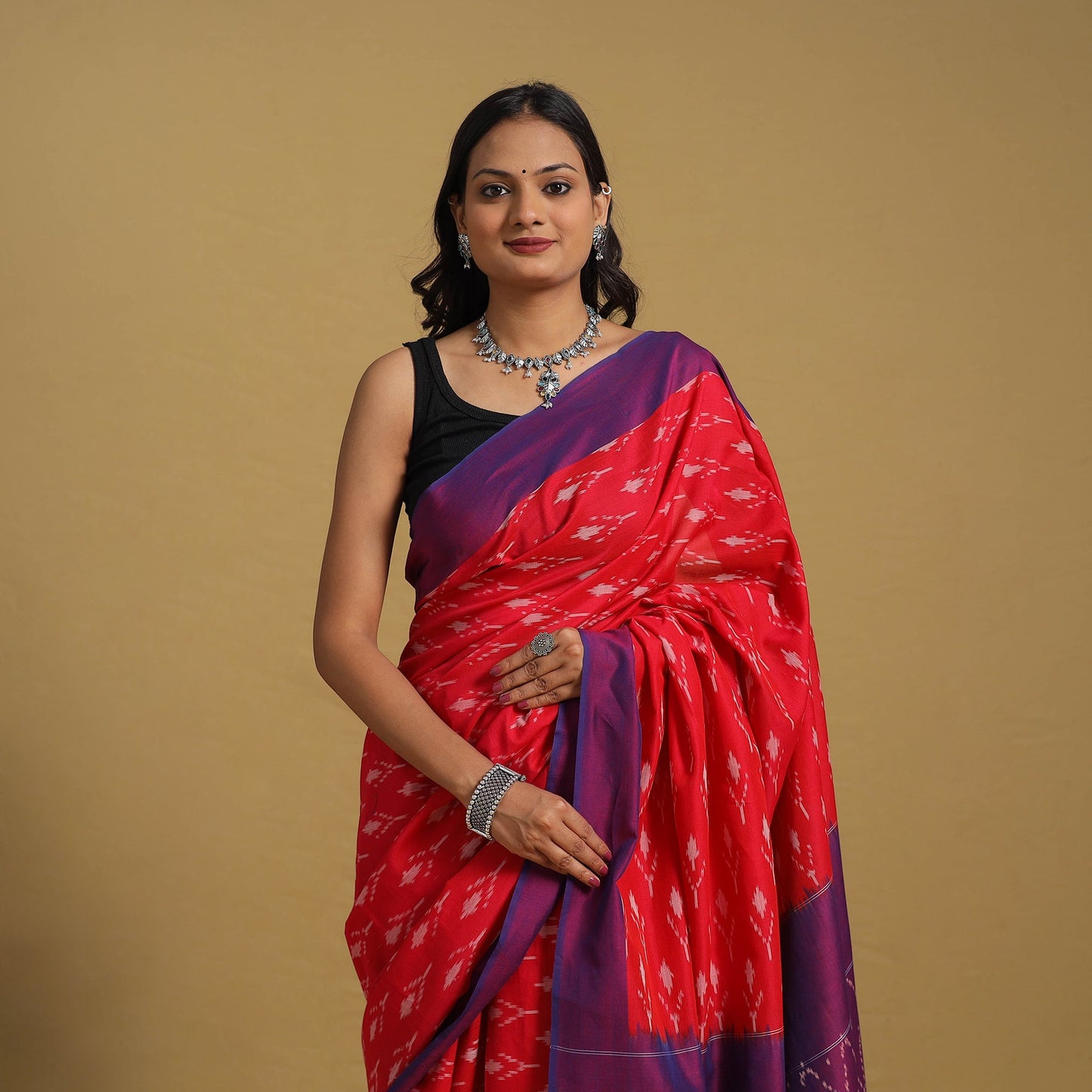 Red Mercerised Cotton Handloom Pochampally Ikat Saree