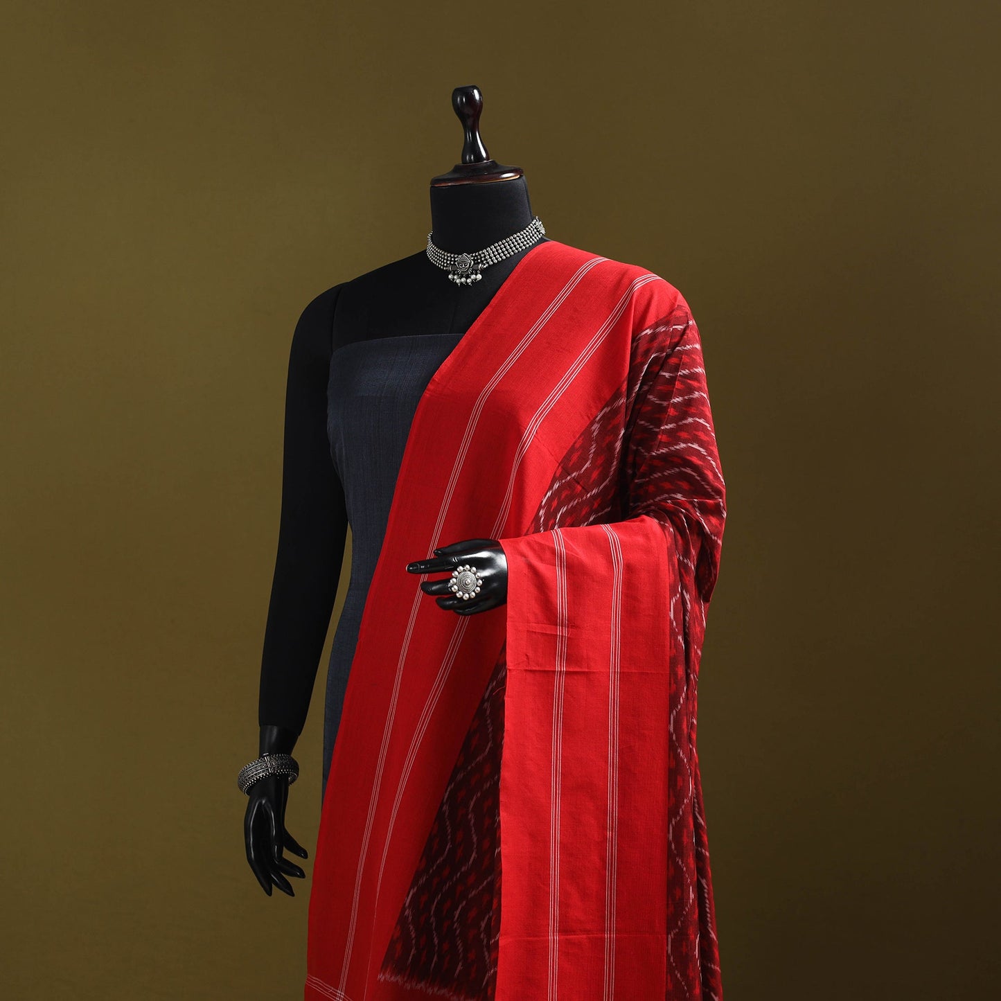 Red - mercerised cotton pochampally ikat dupatta 12