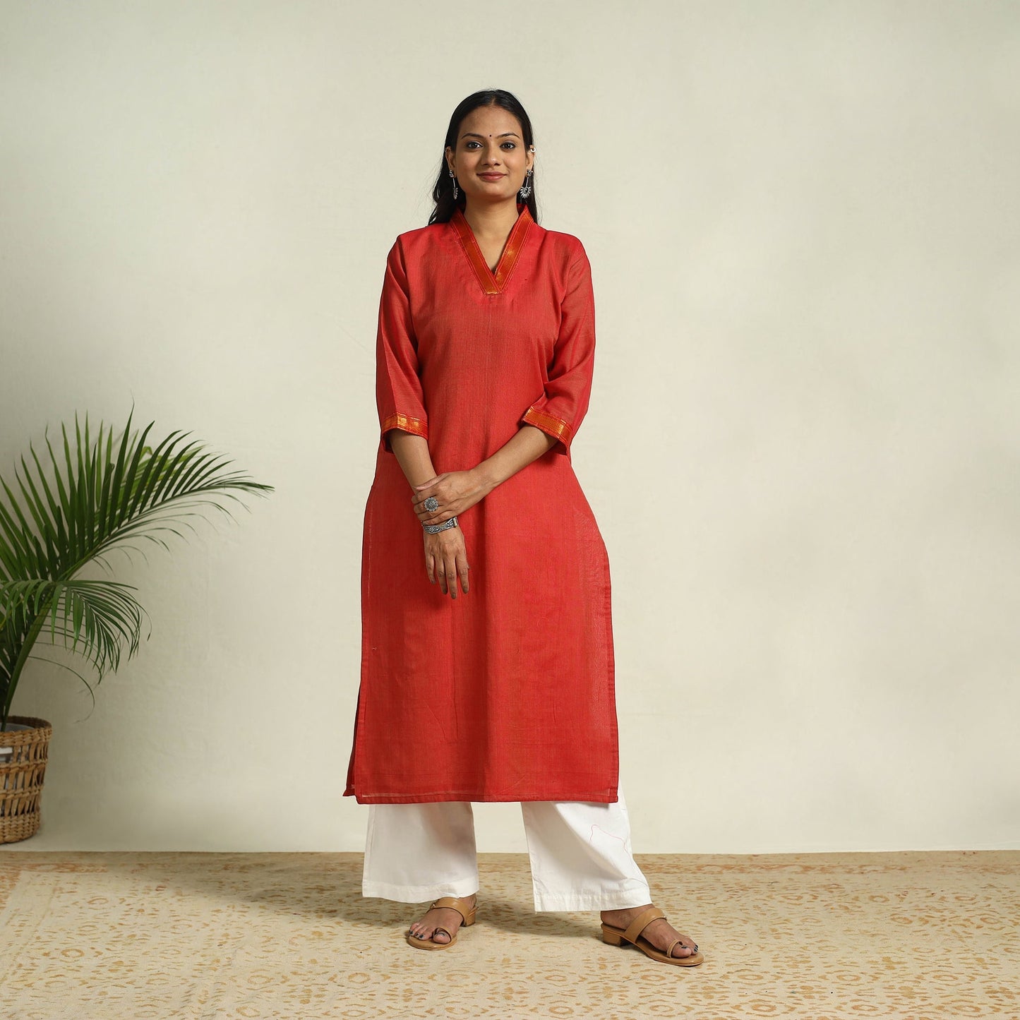 Red Mercerised Cotton Straight Dharwad Kurta