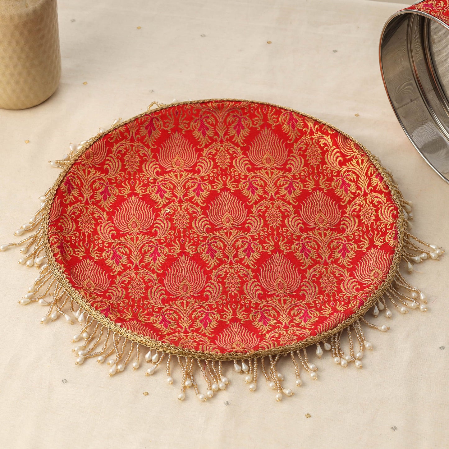 Red mirror beads karwa chauth thali set 07 - handcrafted