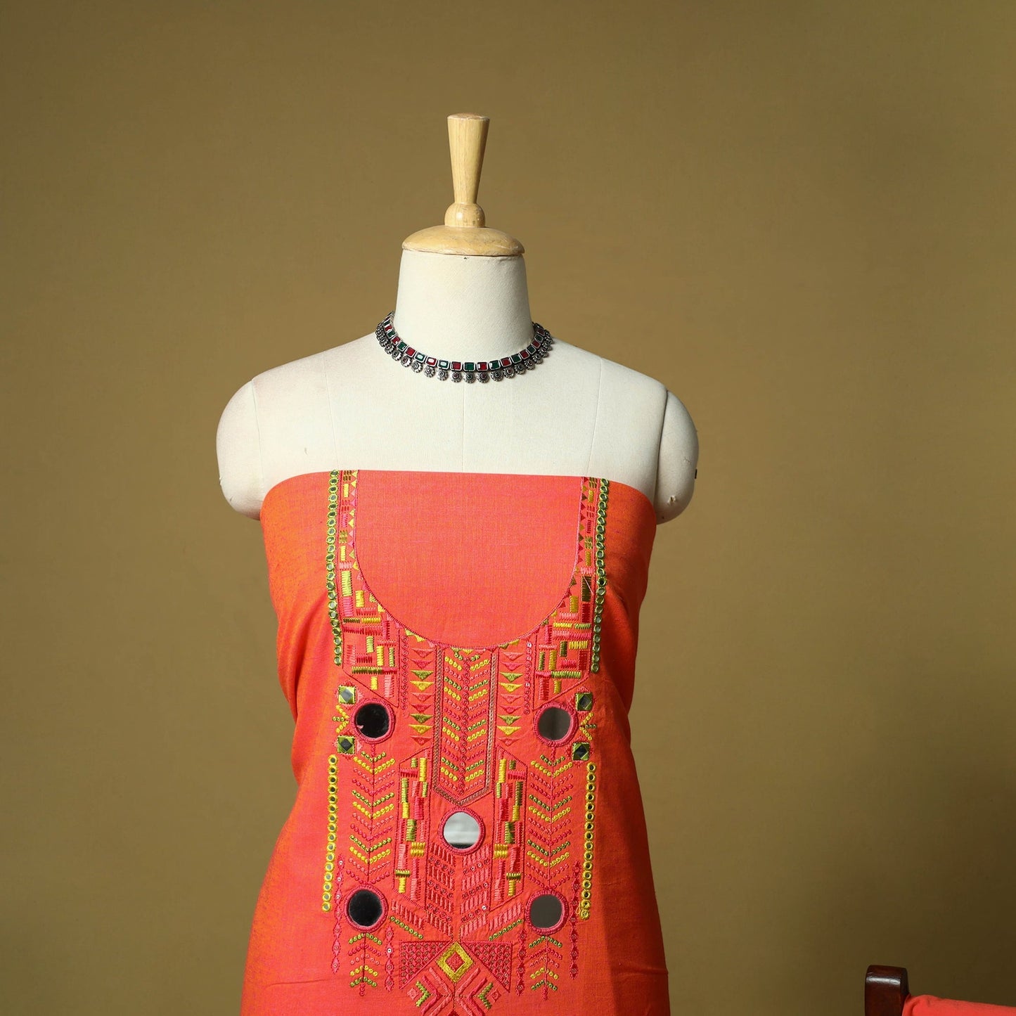 Mirror work embroidered cotton 3pc unstitched dress
