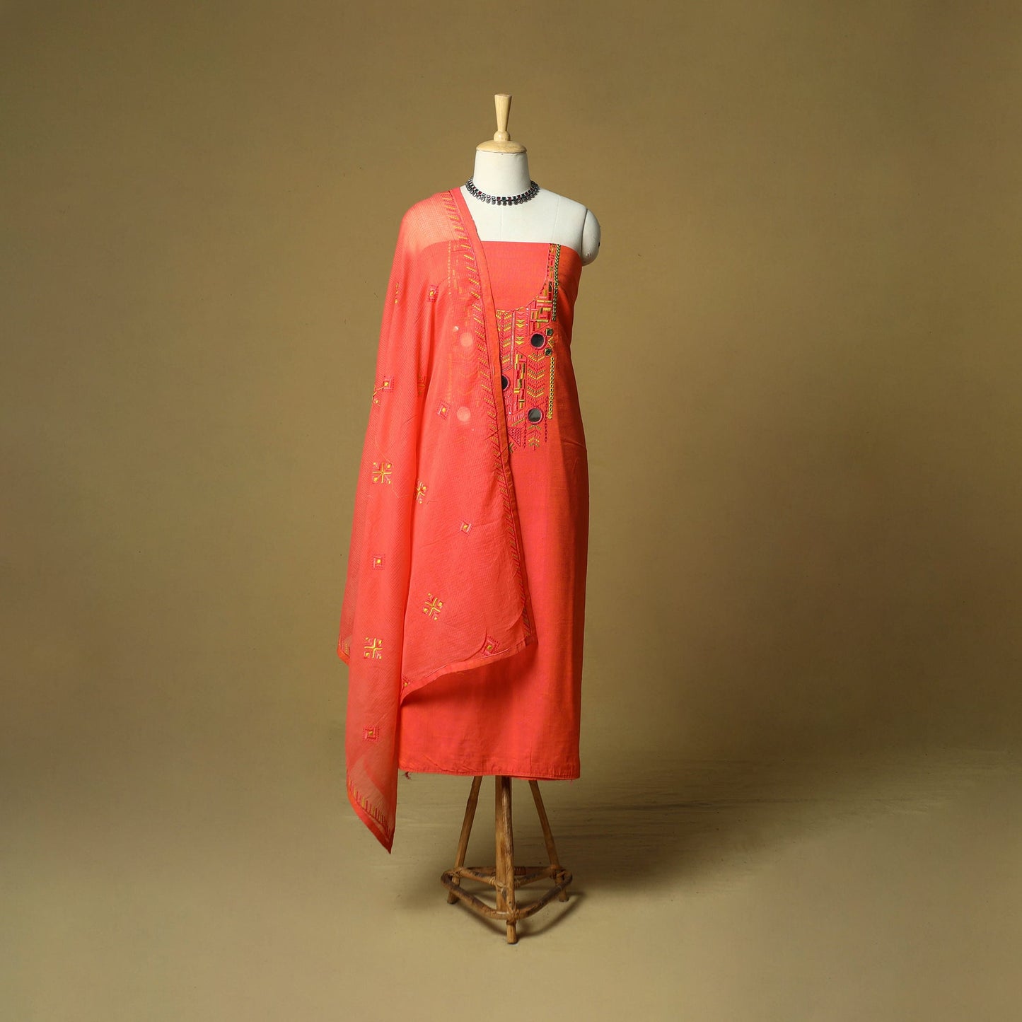 Mirror work embroidered cotton 3pc unstitched dress