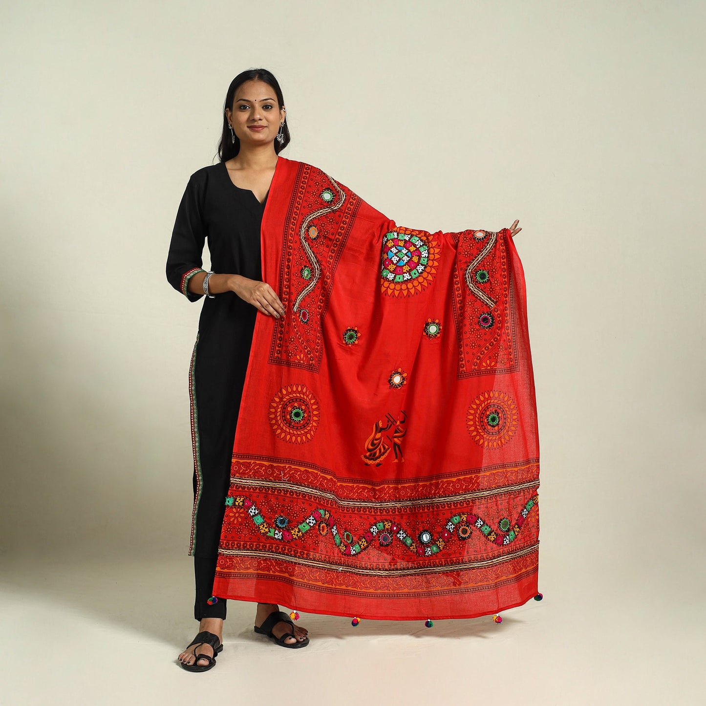 Red Mirror Work Printed Cotton Kutch Embroidery Dupatta