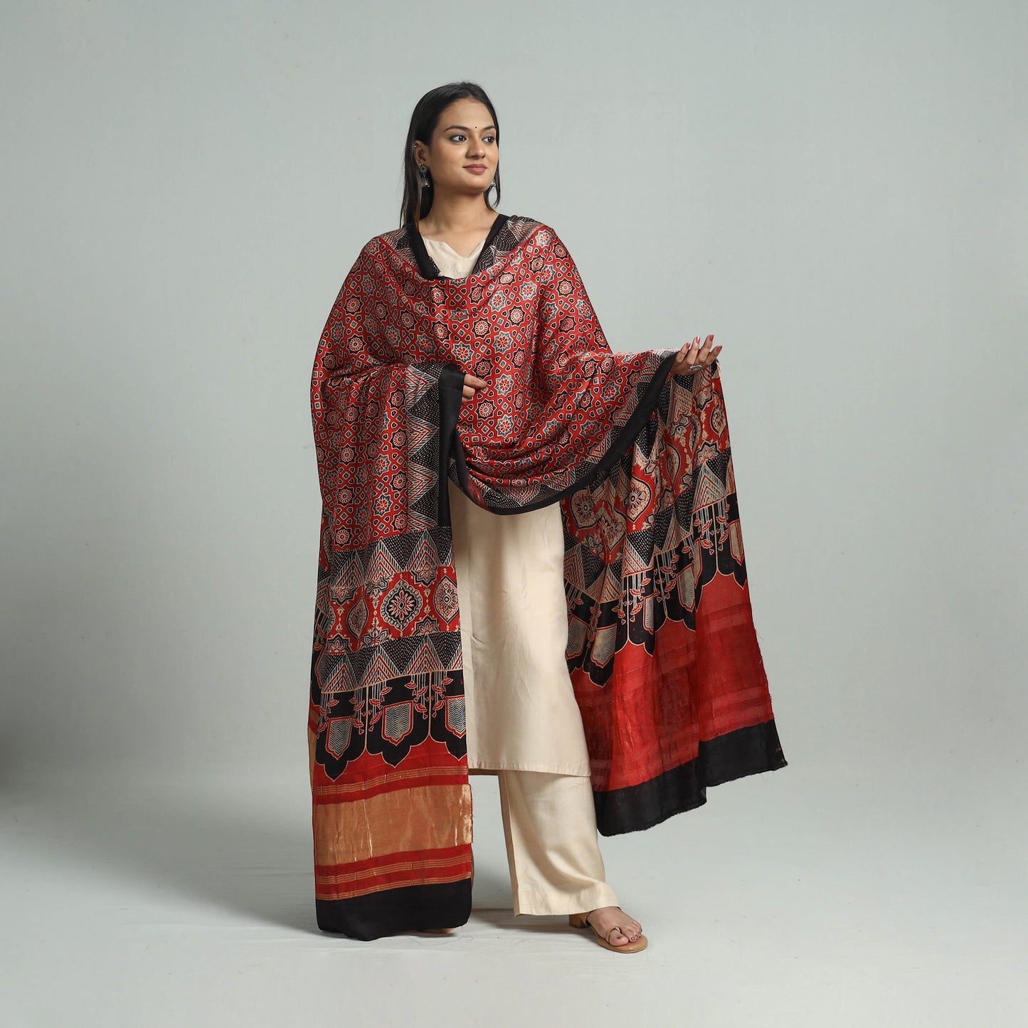 Red - modal silk dupatta 14 - handcrafted