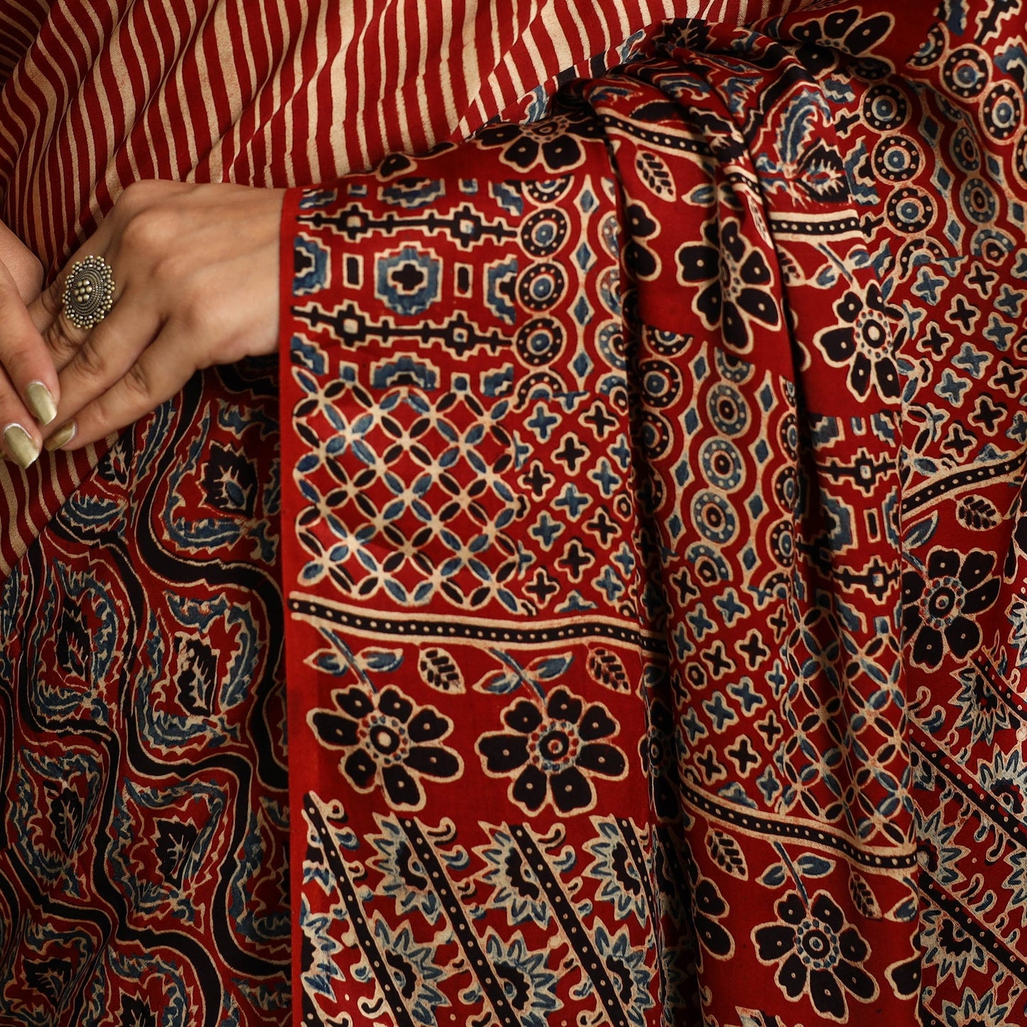 Red Modal Silk Block Print Ajrakh Saree