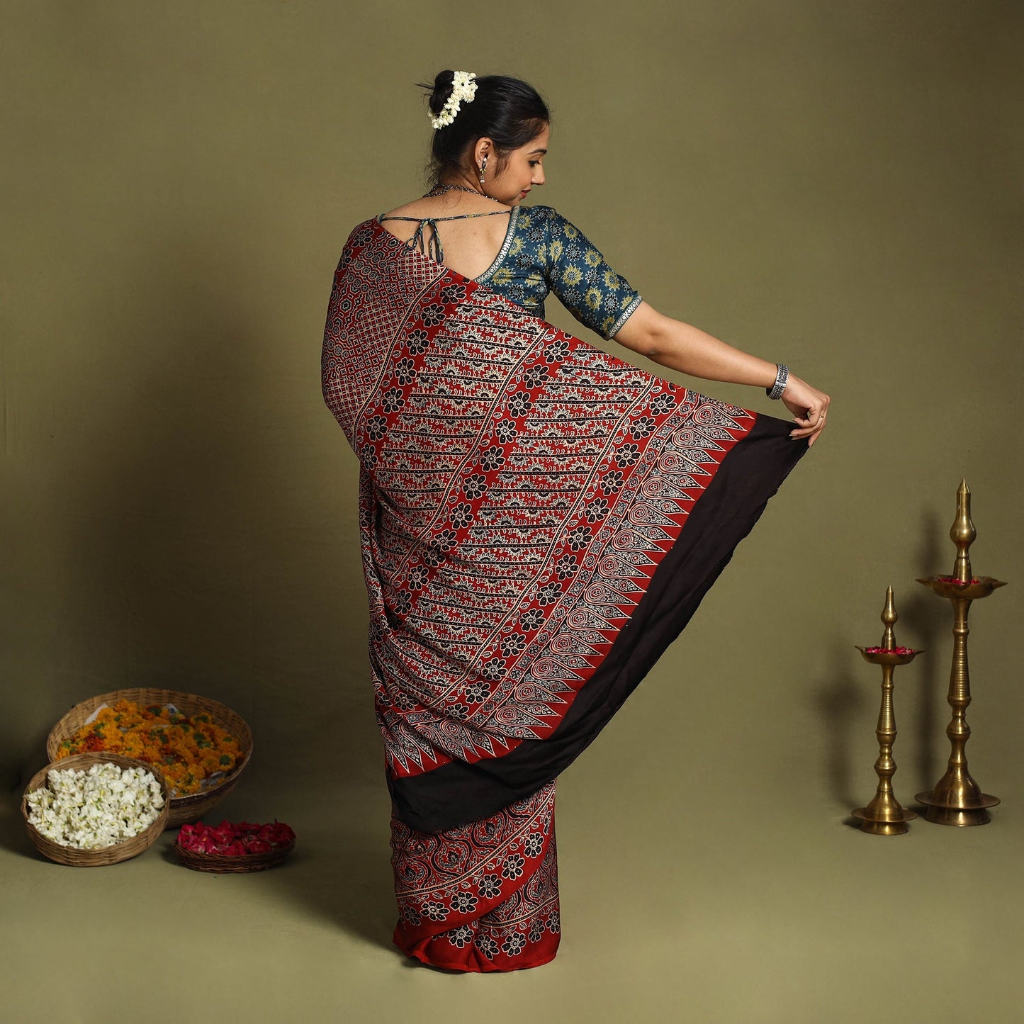 Red Modal Silk Block Print Ajrakh Saree
