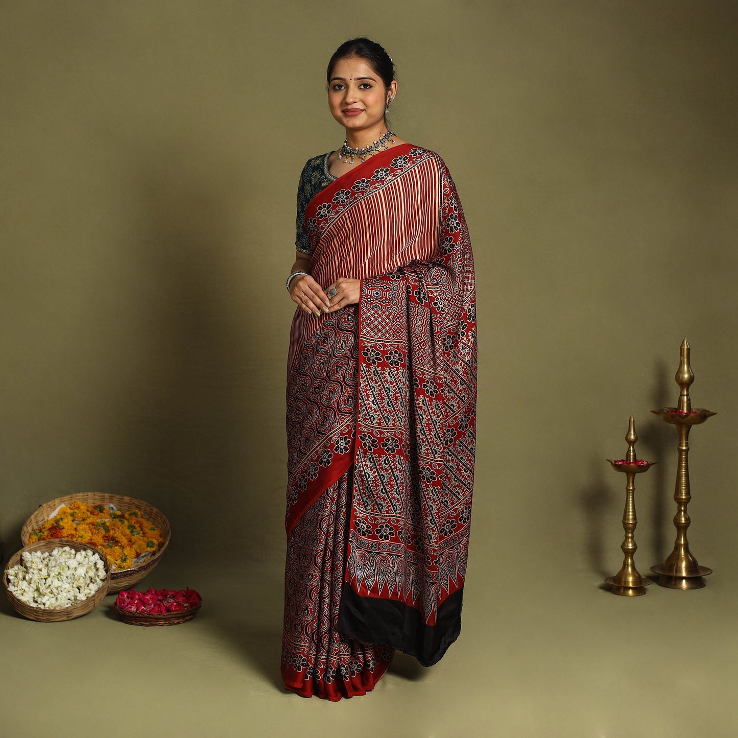 Red Modal Silk Block Print Ajrakh Saree