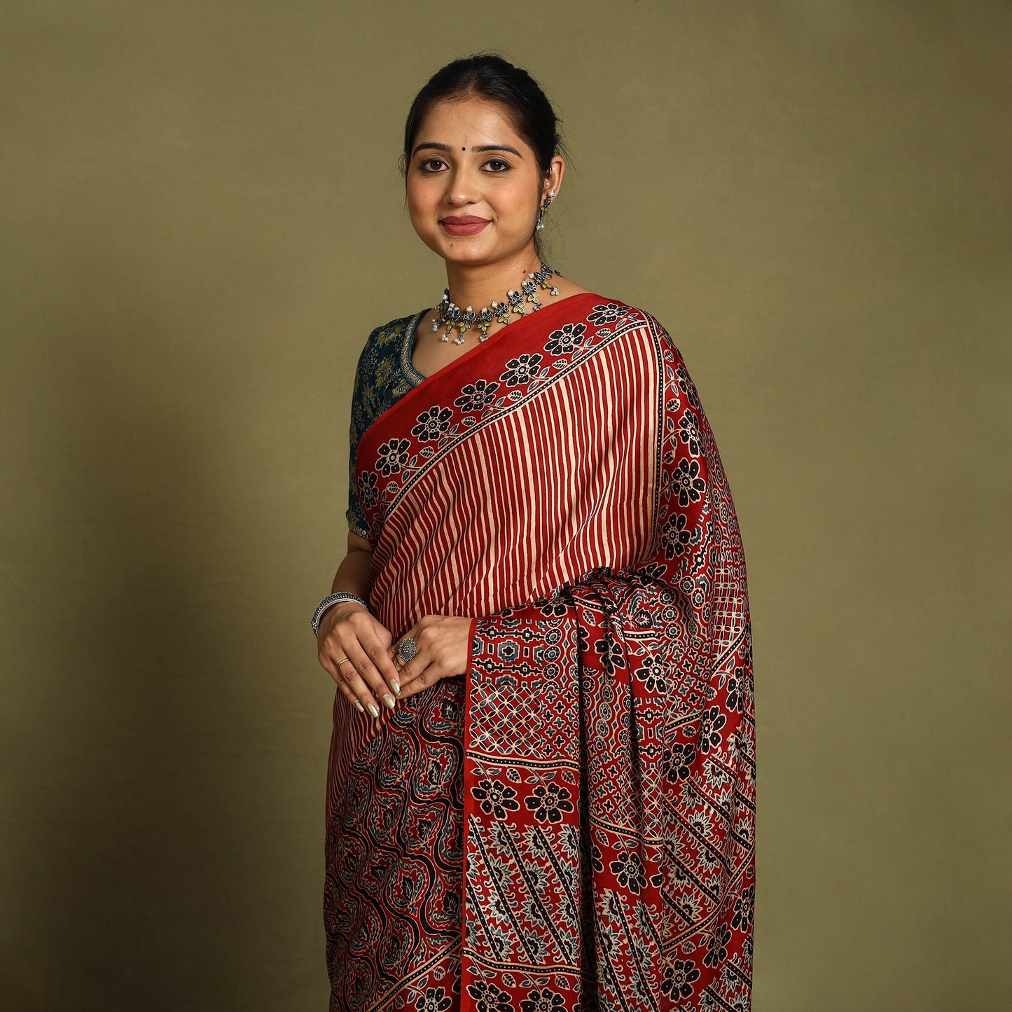 Red Modal Silk Block Print Ajrakh Saree