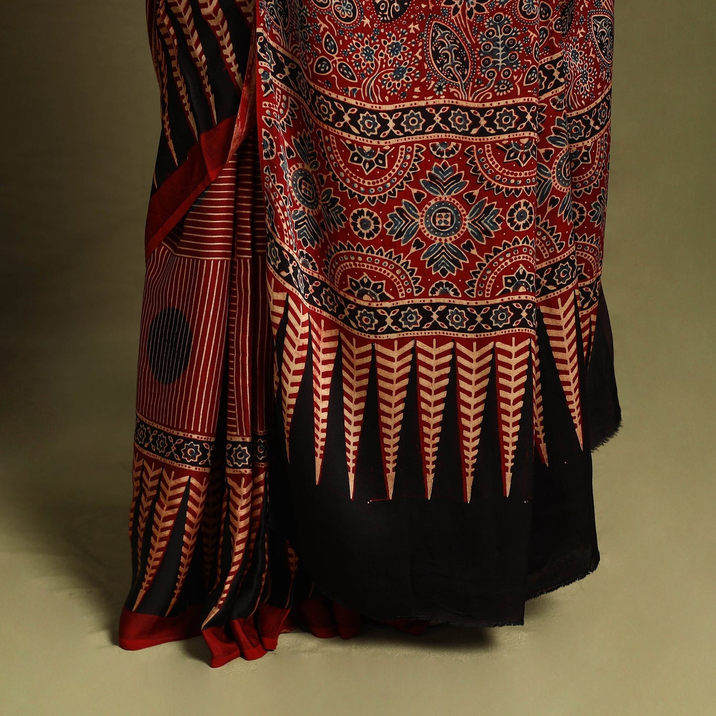 Red Modal Silk Block Print Ajrakh Saree