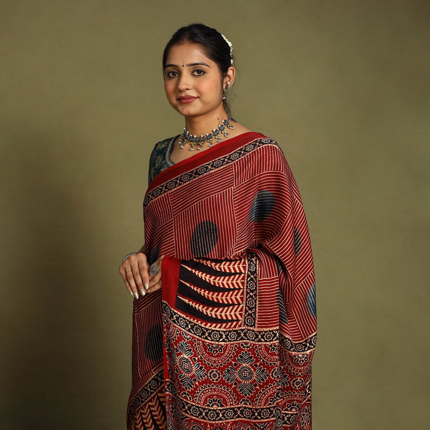 Red Modal Silk Block Print Ajrakh Saree