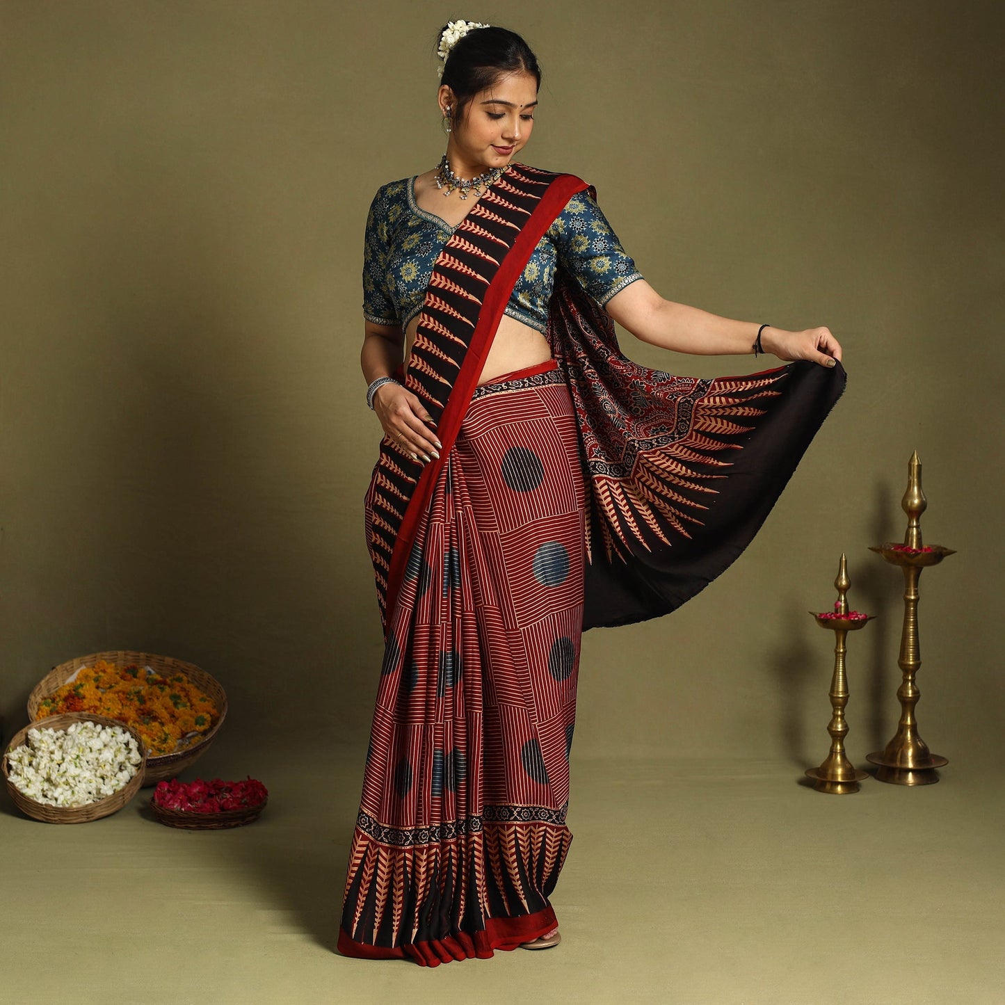 Red Modal Silk Block Print Ajrakh Saree