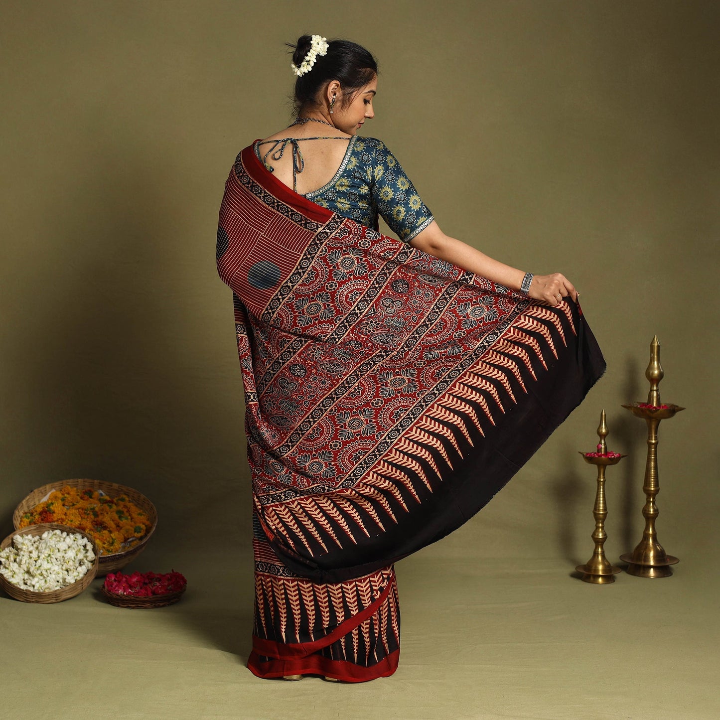Red Modal Silk Block Print Ajrakh Saree