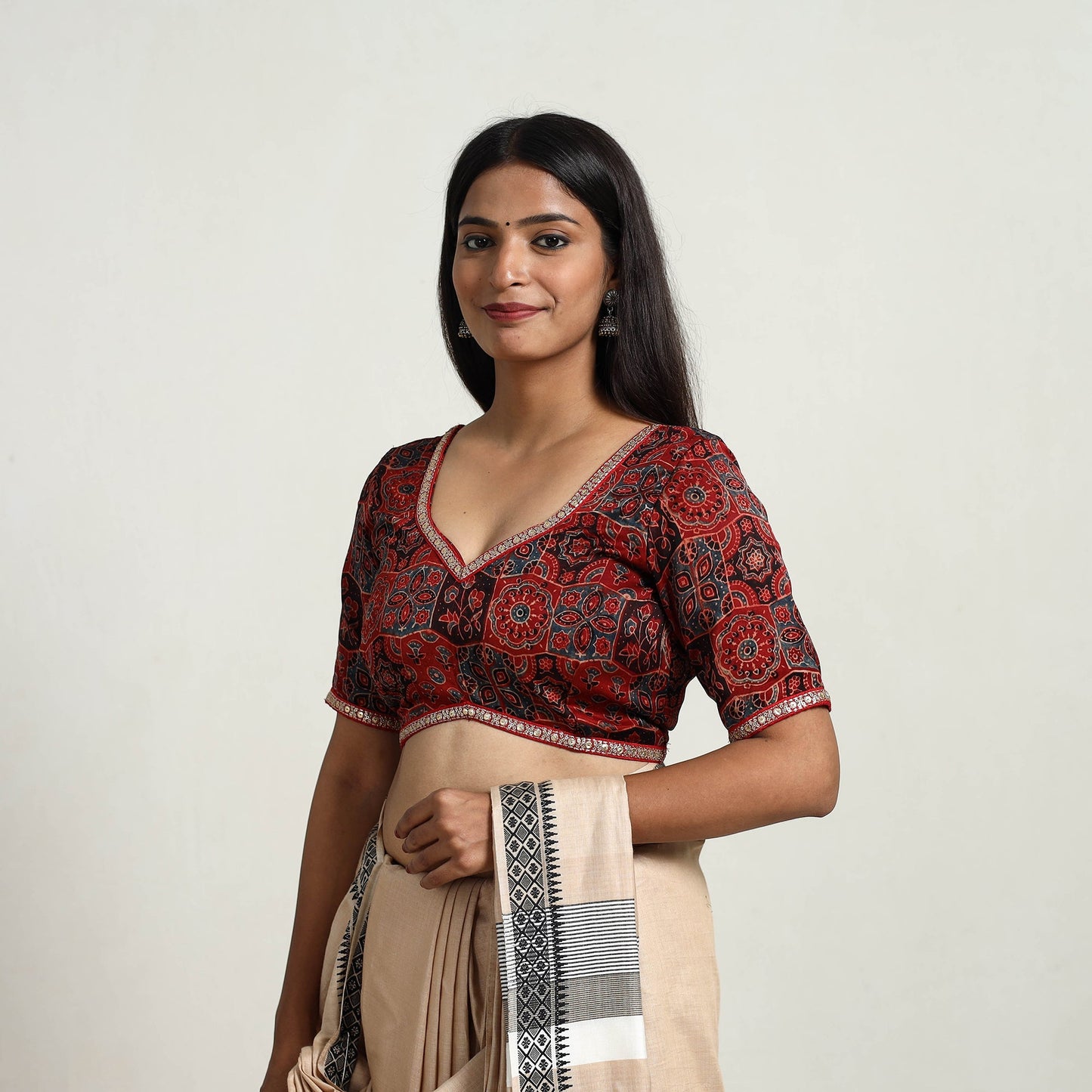 Red Modal Silk Block Print Stitched Ajrakh Blouse Online
