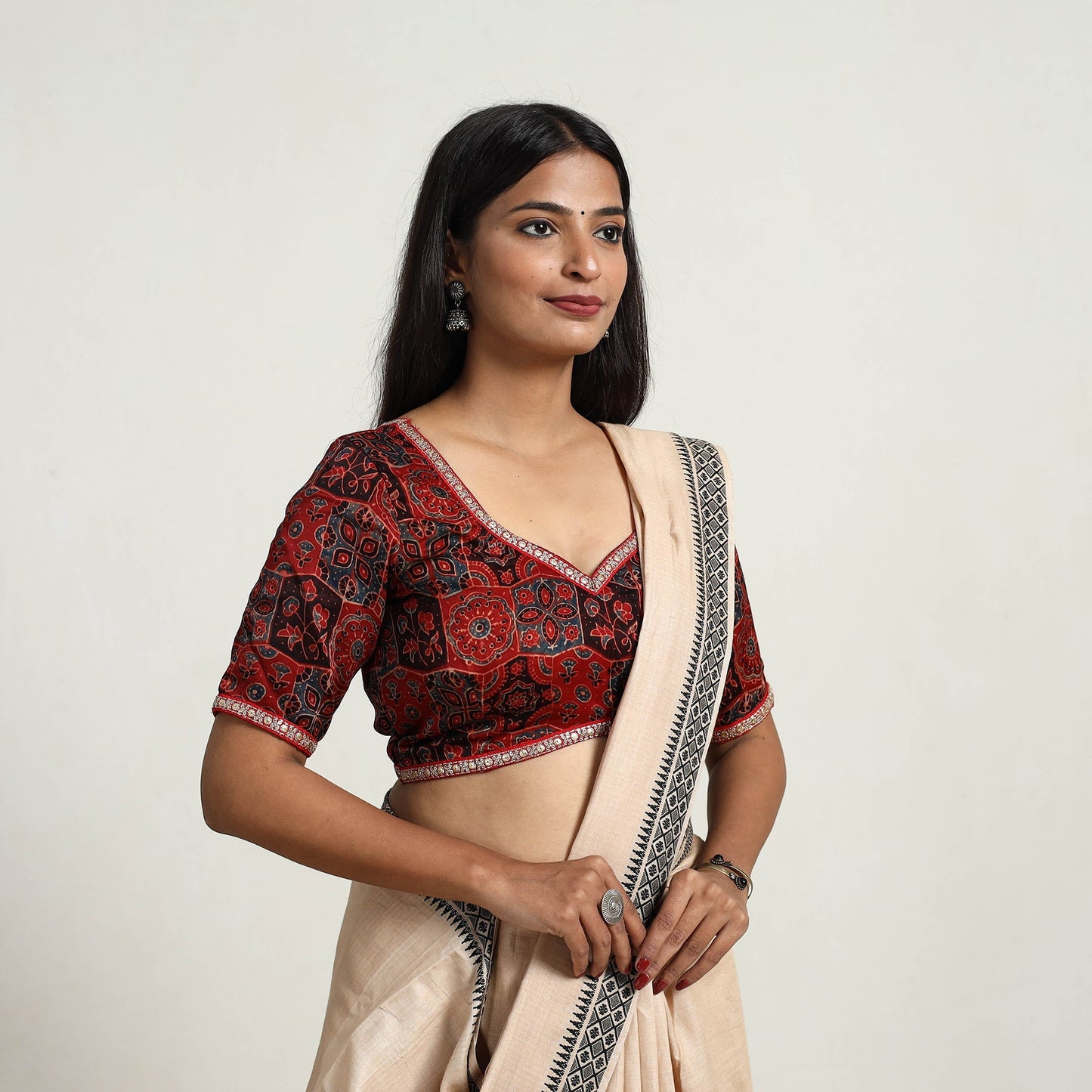 Red Modal Silk Block Print Stitched Ajrakh Blouse Online