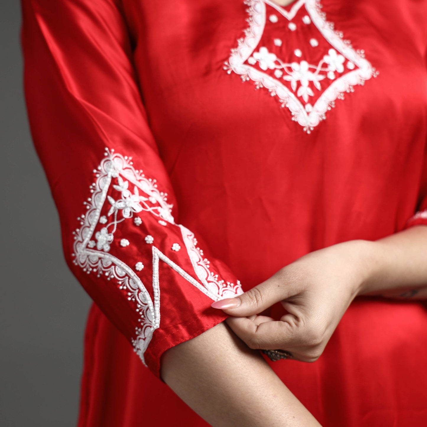 Buy Navy Blue Modal Silk Hand Embroidered Long Kurta l iTokri.com